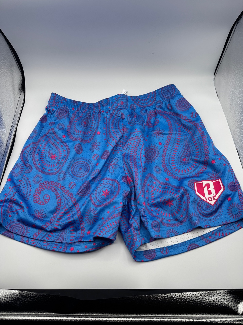 Men's Athletic Shorts - Blue Paisley with Pink Accent